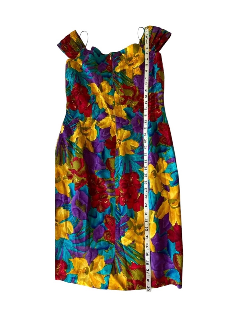 Vintage Gillian 100% Silk Tropical Floral Midi Dress Size 10 Off Shoulder Bright - Picture 4 of 12